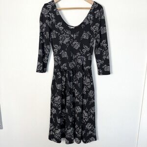 Vintage 90s Dark Floral Skater Dress Womens Small Whimsigoth Fairy Gothic Winter